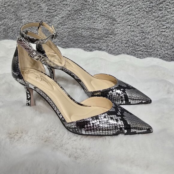 Jessica Simpson Silver Metallic Snake Print Heels Pump Ankle Strap NEW Sizes - Picture 8 of 15